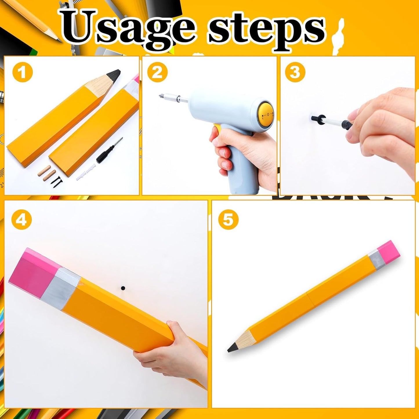 Yousoontic 31.5 Inch Giant Pencil Wall Art Wooden Jumbo Pencil Back to School Party Decoration Yellow Pen Props Preschool Kindergarten Graduation Classroom Decor for Home School Supplies