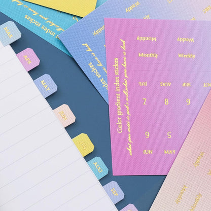 OIIKI 180pcs Planner Monthly Tabs, Self-Adhesive Index Tabs Stickers, Gradient Sticky Page Markers Labels for Document Notebooks Books Project Binders Office- 5 Colors(D Style)