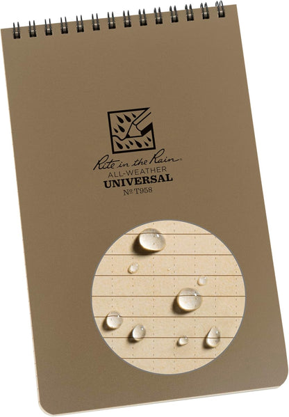 Rite in the Rain Weatherproof Top Spiral Notebook, 5.5" x 8.5", Tan Cover, Universal Pattern (No. T958)