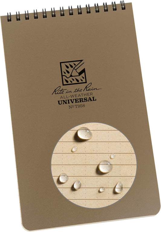 Rite in the Rain Weatherproof Top Spiral Notebook, 5.5" x 8.5", Tan Cover, Universal Pattern (No. T958)