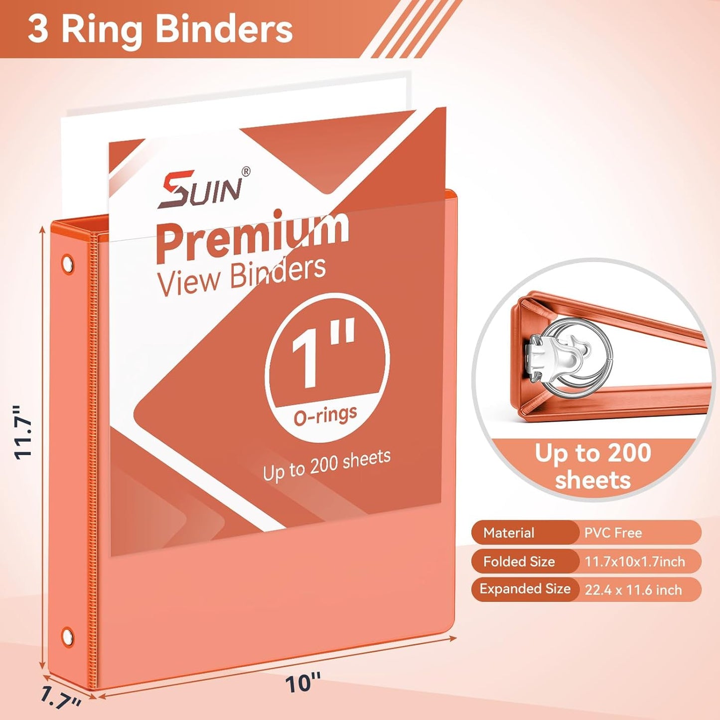 SUIN 1 Inch 3 Ring Binder, Clear 1'' View Presentation Binders with 2 Pockets, Fits 8.5 x 11 Letter Size, Durable Polypropylene, Non-Stick & PVC-Free for School, Office & Home (Orange)
