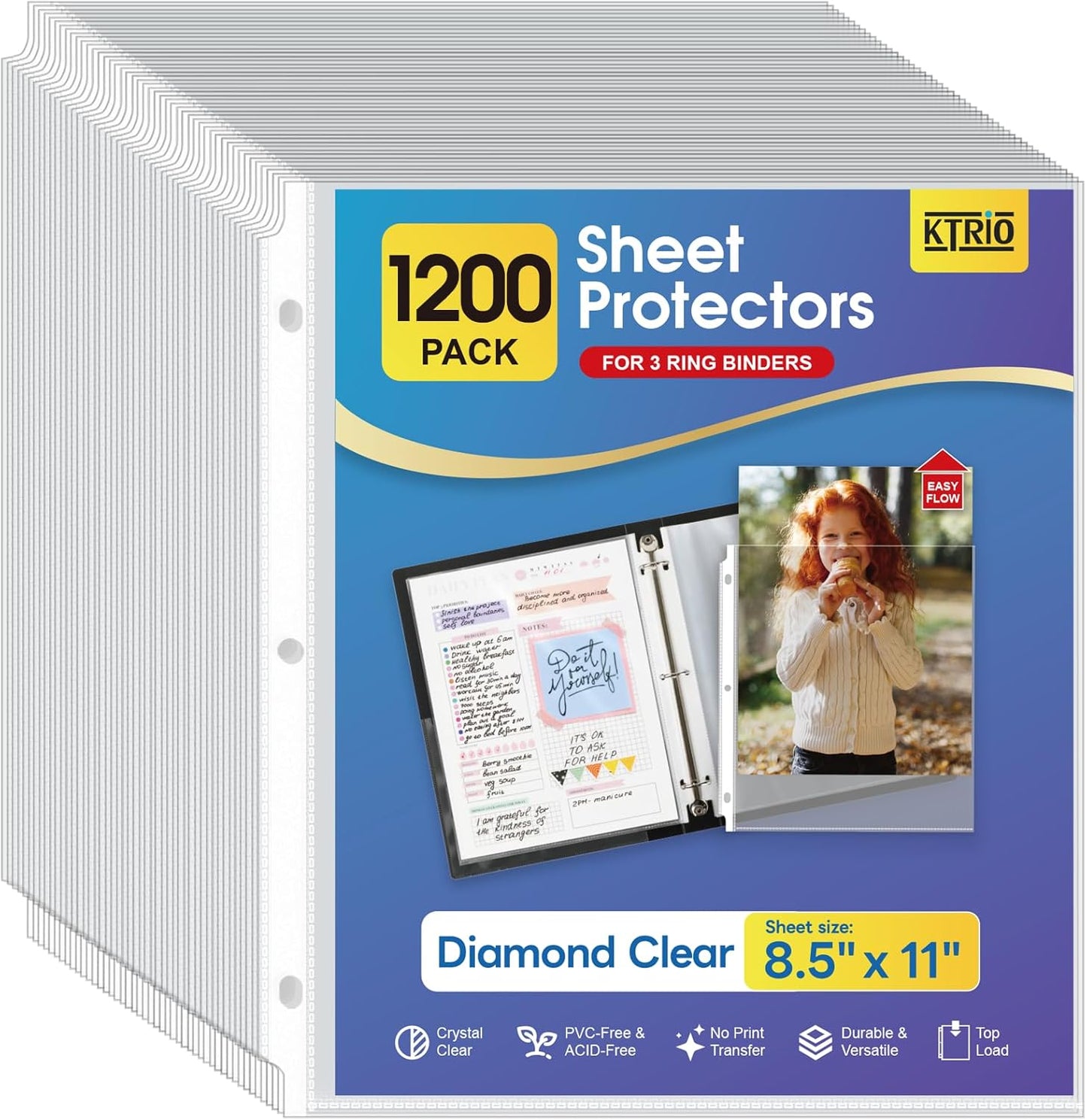 KTRIO Sheet Protectors for 3 Ring Binder 500 Pack, Clear Page Protectors 8.5 x 11, Plastic Binder Sleeves for Paper, Top Loading, Office Home School