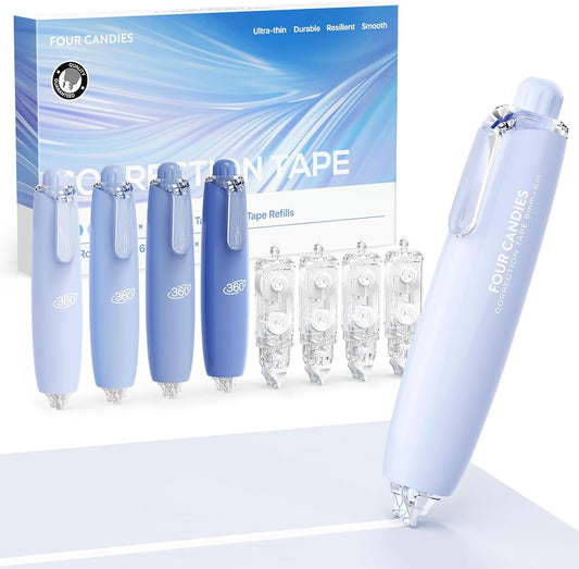 Four Candies Refillable Retractable White Correction Tape, 4PCS Smooth White Pull-Out Tape with 4 Extra Refills, Easy to Use Applicator for Instant Corrections for Office, School Supplies (Purple)