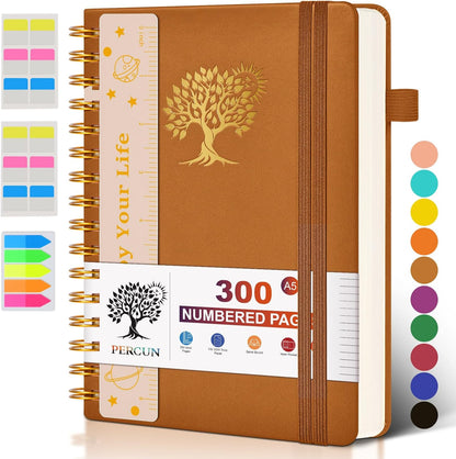 Spiral Notebook Journal for Women Men, 300 Numbered Lined Pages, College Ruled, A5 Hardcover Spiral Bound Notebook for School, Work, Note Taking Writing, Leather Spiral Journal Medium 5.9"x8.5"