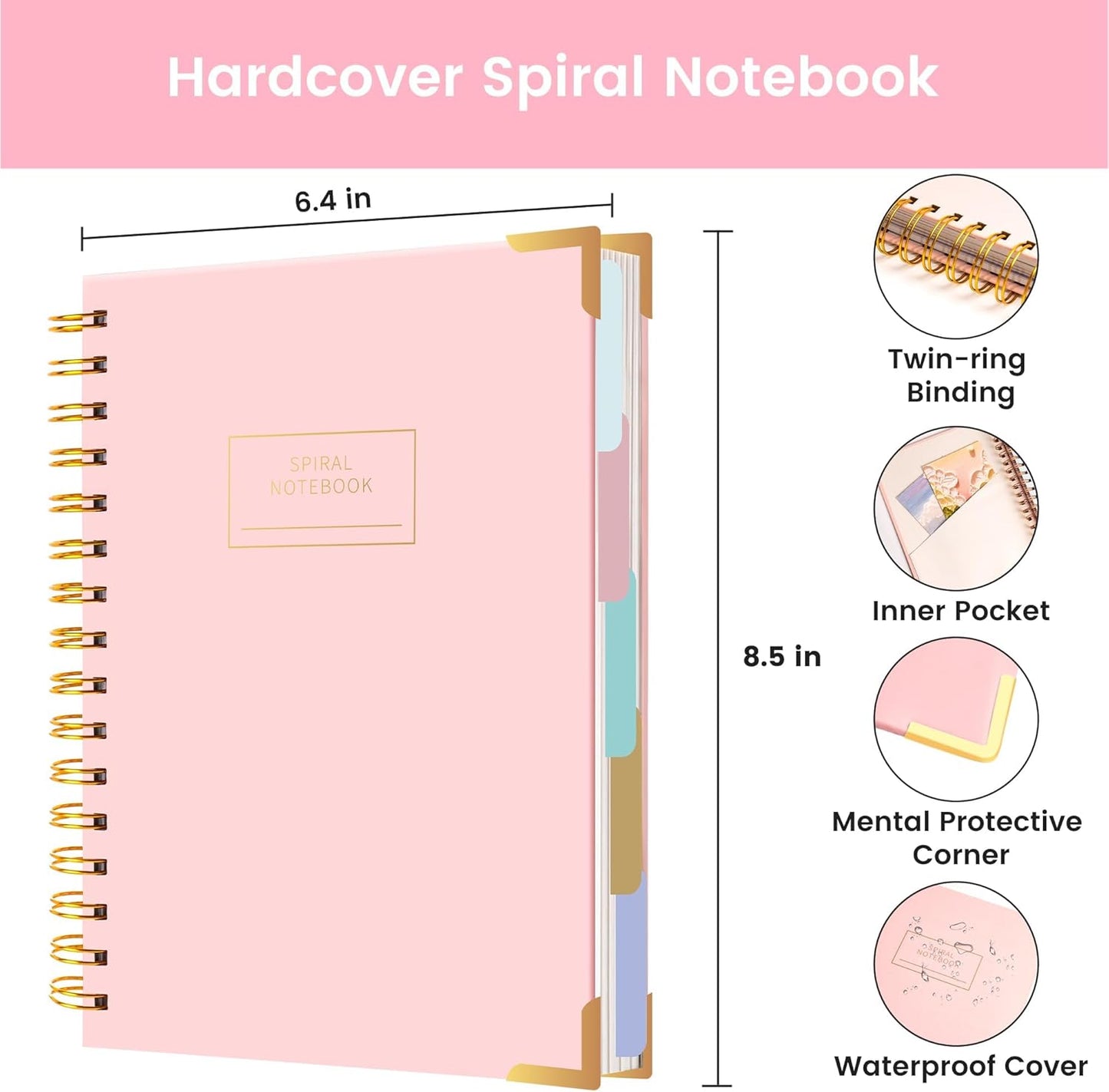 Hardcover Spiral Notebook with Tabs 8"x10" Large Spiral Lined Journals for Women with Dividers 240 Pages College Ruled Composition Notebook 5 Subject Notebook for Work, Back to School, Gifts, Purple