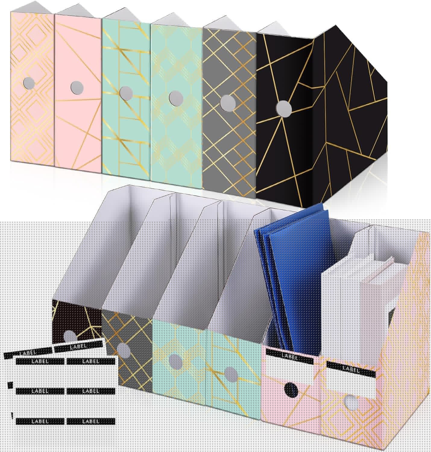 PerKoop 6 Pcs Decorative Magazine File Holders Floral Foldable File Folders Magazine Storage Boxes Rack Desk Organizer Documents with Printable Labels for School Office Home (Floral)
