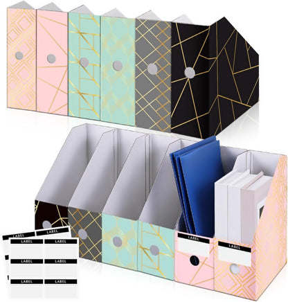 PerKoop 6 Pcs Decorative Magazine File Holders Floral Foldable File Folders Magazine Storage Boxes Rack Desk Organizer Documents with Printable Labels for School Office Home (Floral)