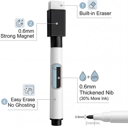 Fine tip Dry Erase Black Markers with Magnetic Cap and Eraser, Perfect for Dry Erase Boards and Whiteboards Pack of 8