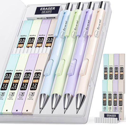 Nicpro 4 PCS Pastel Mechanical Pencil 0.7mm, Cute Fast Click Mechanical Pencils Set with 8 Tubes HB Lead Refills, Erasers, Eraser Refills for School, Student Writing, Drawing, Sketching - with Case