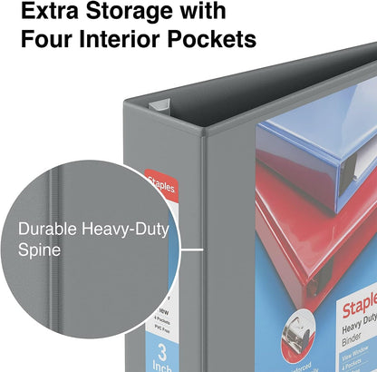 Staples Heavy-Duty 2-Inch D-Ring View Binder, Reinforced Spine, Holds Up to 450 Sheets, Gray, for Office & School