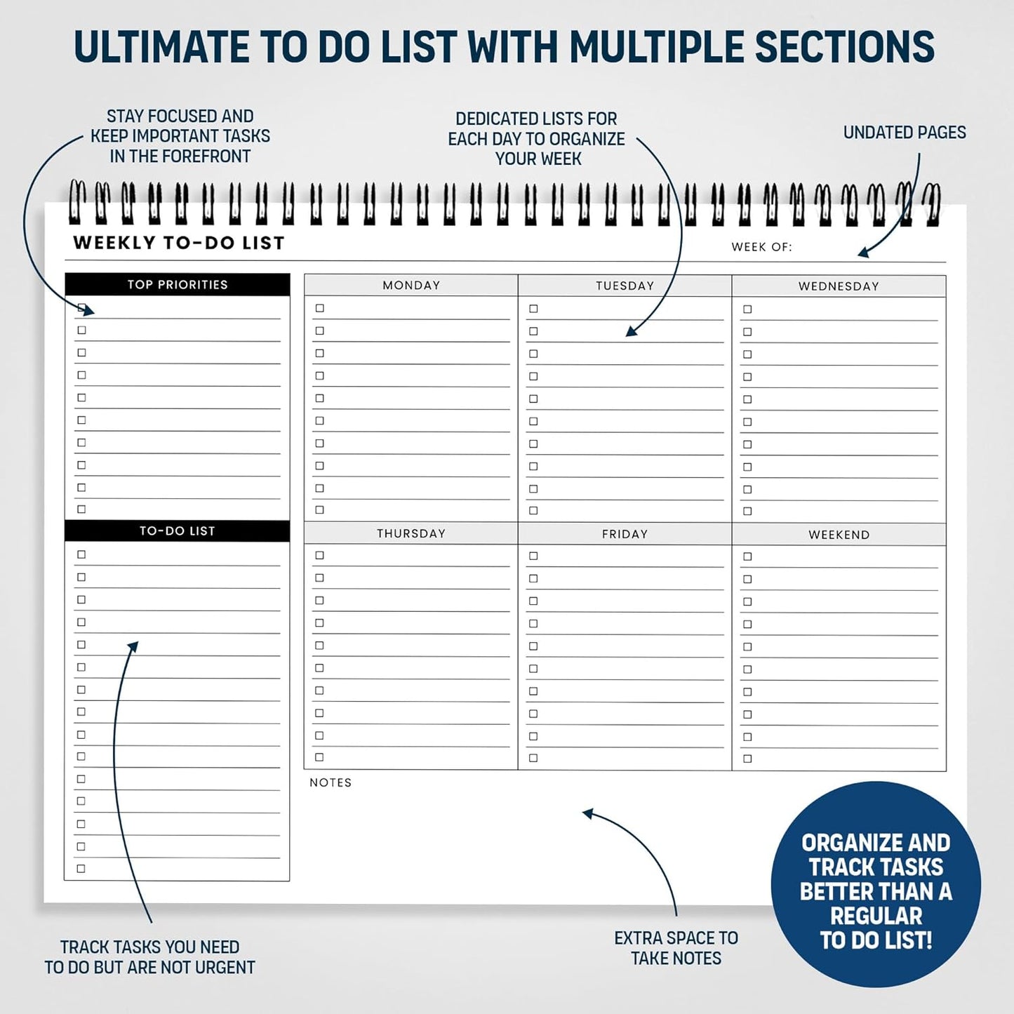 To Do List Notepad: With Multiple Functional Sections - 6.5 x 9.8" 60 Sheets - Spiral Daily Planner Notebook - Task CheckList Organizer Agenda Pad for Work - Note & Todo List Organization Notebooks