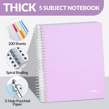 SUNEE 5 Subject Graph Paper Notebook - 400 Pages, 9"x11", 4x4 Graph Ruled Notebook, 5 Pocket Colored Dividers, 3-Hole Punched Paper, Black