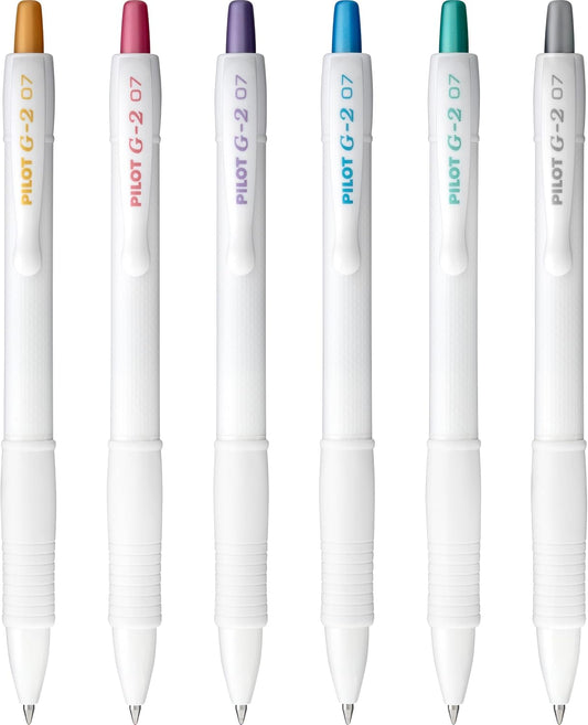 Pilot, G2 Premium Gel Roller Pens, G2 Edge White with Metallic Inks, Sensory Writing Experience, 6ct Fine Point 0.7 mm, Assorted Metallic Ink Colors