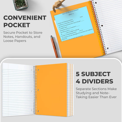 Rosmonde 5 Subject Notebook Wide Ruled, 6 Pack, 300 Pages (150 Sheets), 8 x 10-1/2", 5 Subject Spiral Notebook with Dividers, Thick Paper Fights Ink Bleed, 3 Hole Punched, Spiral Notebooks for School