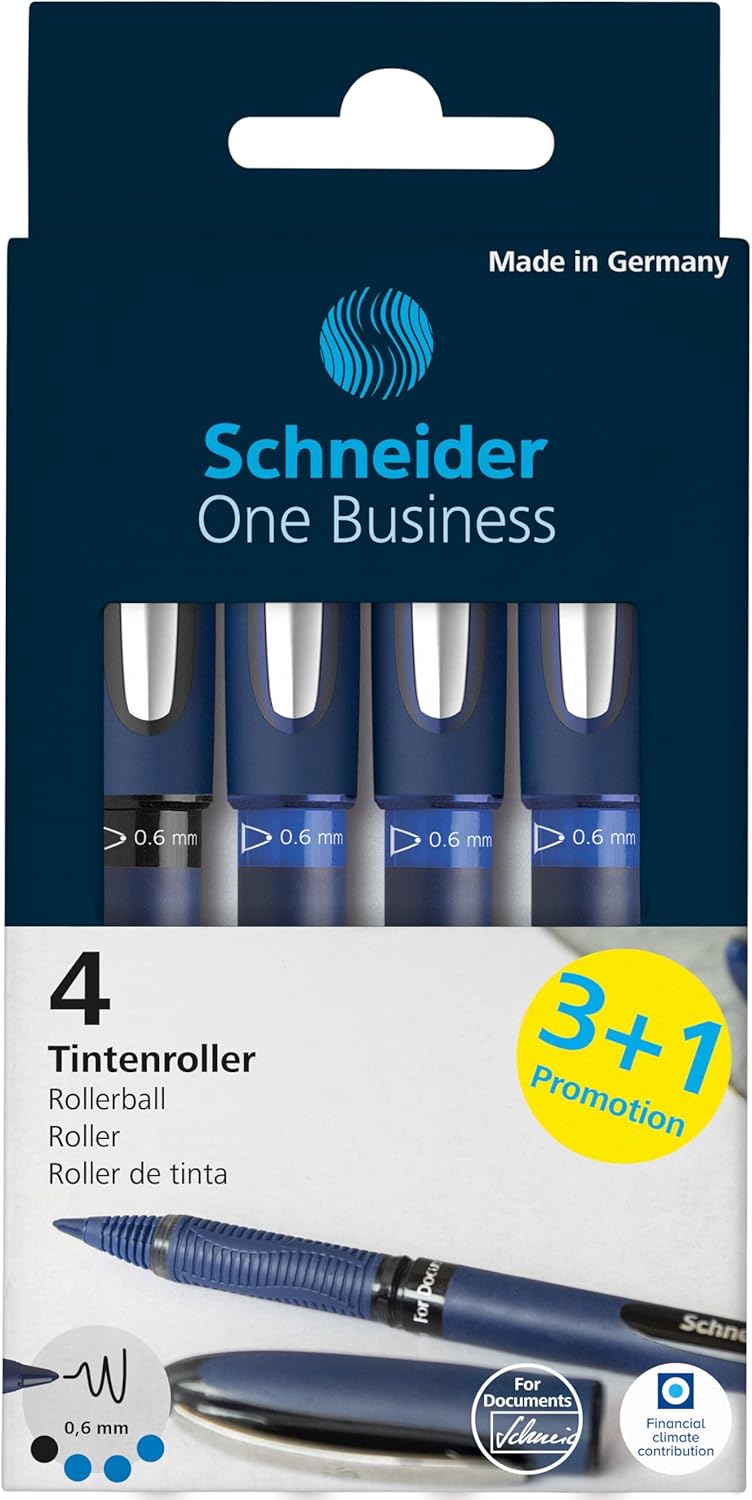 Schneider One Business Rollerball Pen, 0.6 mm Ultra-Smooth Tip, Blue Barrel, Black Ink, Box of 10 Pens (183001)