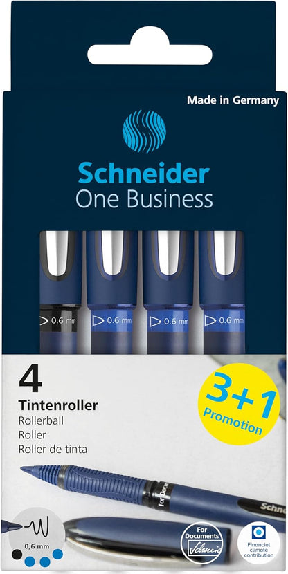 Schneider One Business Rollerball Pen, 0.6 mm Ultra-Smooth Tip, Blue Barrel, Black Ink, Box of 10 Pens (183001)