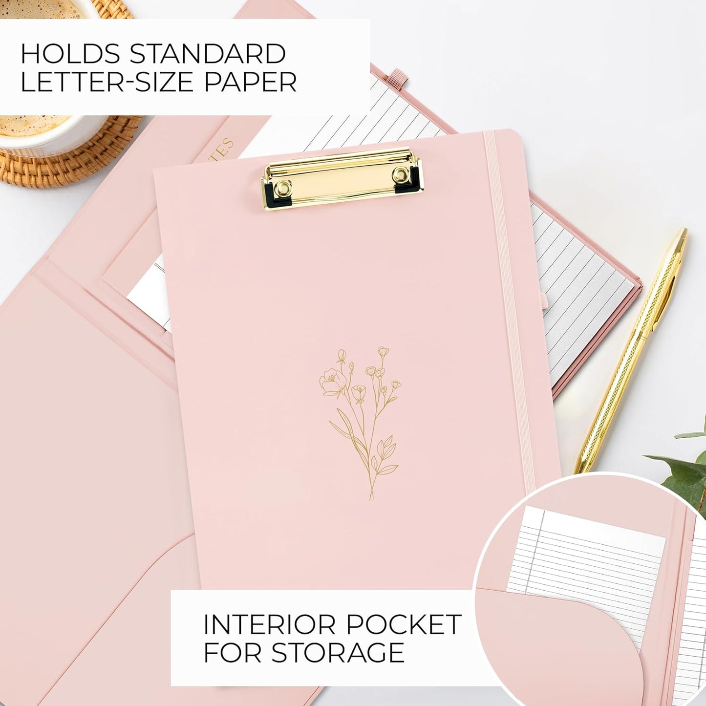 Aesthetic Clipboard Folio with Refillable Lined Notepad & Interior Pocket – Cute Padfolio/Legal Pad Holder for Women – Easily Organize Notes at Work, School, or Home