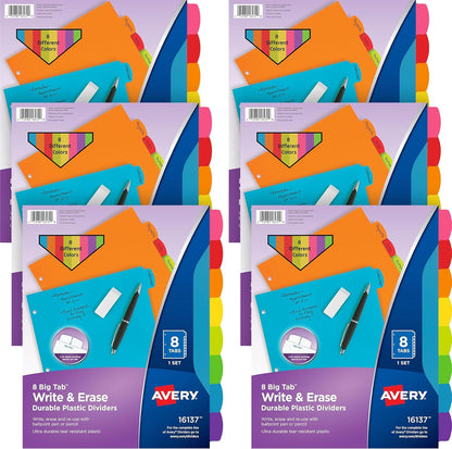 Avery Write & Erase 8 Tabs Plastic Divider for 3 Ring Binders, 3 Sets (8 Colors)