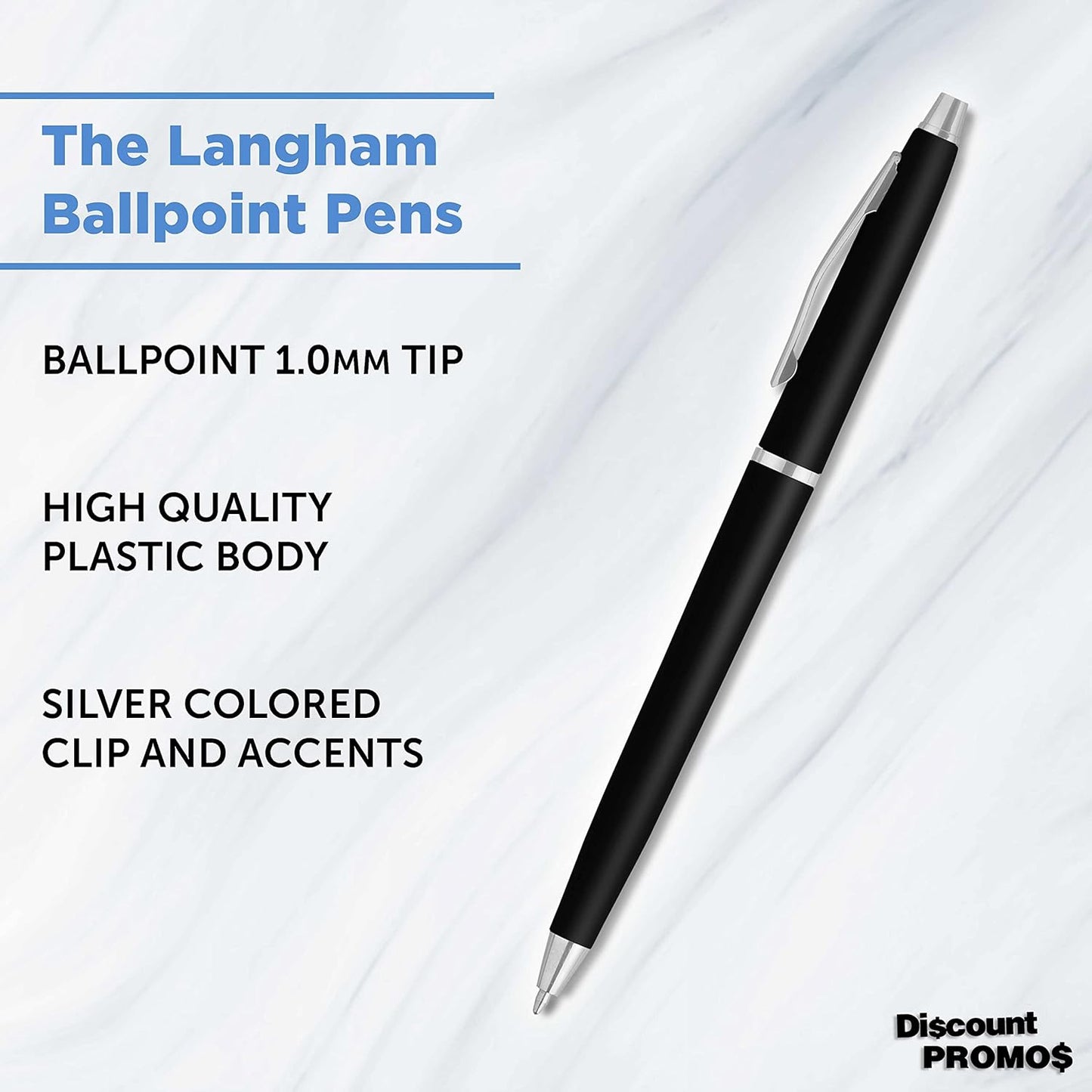 Personalized Langham Ballpoint Pens, Set of 10/50/100 by DISCOUNT PROMOS - Black Ink, Great for Office, Business, Tradeshows - Black