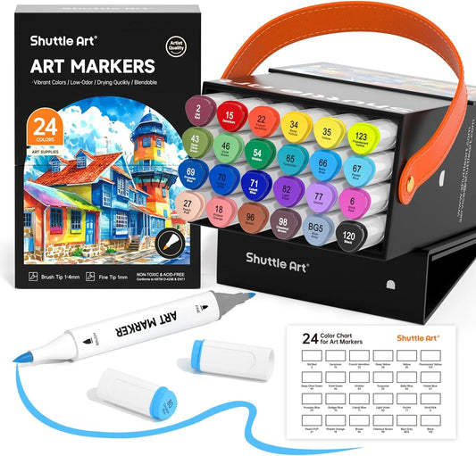 Shuttle Art Brush Tip Alcohol Markers, Dual Tip Brush & Fine Tip Art Marker Set, 121 Colors Marker Pens with Organized Case Perfect for Illustration Students Adults Coloring Sketching