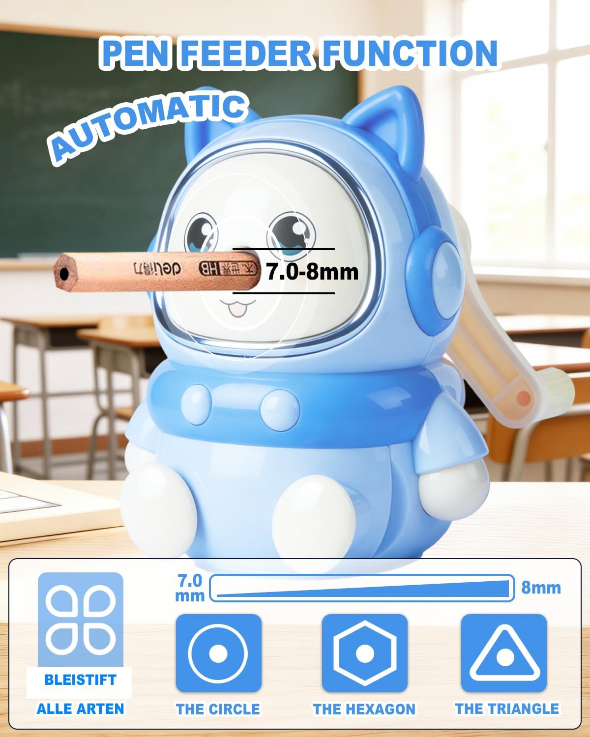 Pencil Sharpener Manual 5 Thickness Adjustable & Self-Feed Hand Crank Desktop Portable Pencil Sharpener for 7.0-8mm Pencil Nibs Classroom Home and Office Artists