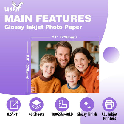 Uinkit 37lb Thin Flyer Paper Glossy 8.5x11 Inkjet 100 Sheets Single Side DIY Chip Bag 135gsm Printer Picture for Inkjet Printer with Dye Ink Letter size A4 Brochure (8.5X11X100)
