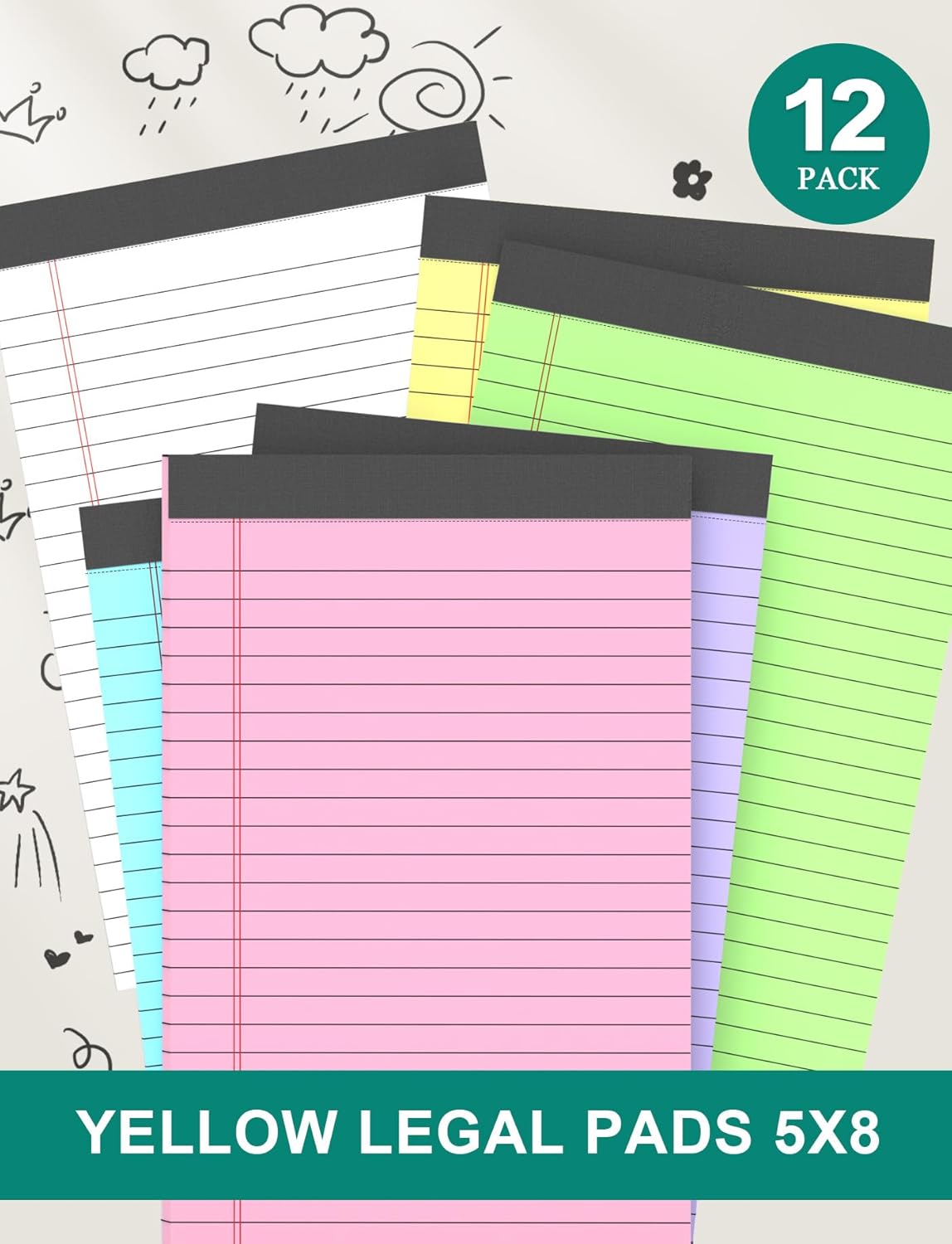 12 Pack Legal Pads 5x8 Inch Colorful Note Pads for Writing NotePads，Narrow Ruled Small Notepad 5x8 inch Legal Pad,30 Sheets Per Notebook Writing Pad for Study, Office, to-Do Lists(Multicolor)