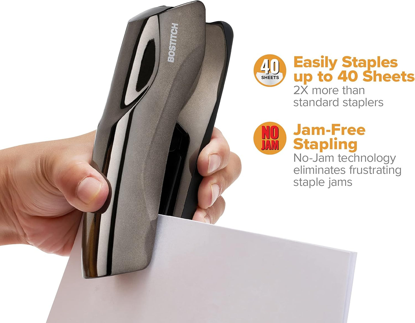 Bostitch Office Heavy Duty Stapler, 40 Sheet Capacity, No Jam, Half Strip, Fits into the Palm of Your Hand, For Classroom, Office or Desk, Black