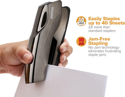 Bostitch Office Heavy Duty Stapler, 40 Sheet Capacity, No Jam, Half Strip, Fits into the Palm of Your Hand, For Classroom, Office or Desk, Black