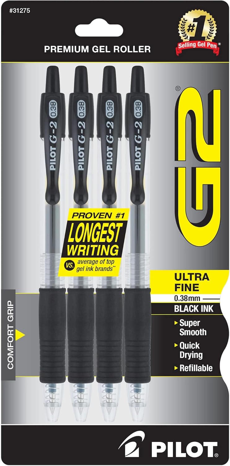 PILOT G2 Premium Refillable and Retractable Rolling Ball Gel Pens, Ultra Fine Point, Black Ink, 5-Pack (31306)