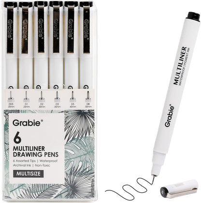 Grabie Micro Finerliner Pens, 6 Archival Black Ink Waterproof Drawing Pens, Assorted Point Sizes for Sketching, Illustration, Journaling, Art Supplies