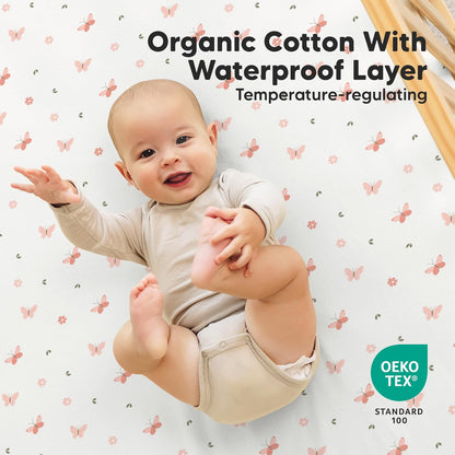 2-Pack Waterproof Crib Sheets for Boys, Girls - 52x28 Fitted Organic Cotton Baby Crib Sheets, Toddler Mattress Protector Cover, Washable, Soft & Durable Baby Bedding Essentials(Pine Grove)