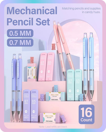 Four Candies Cute Mechanical Pencils 0.7mm, Pencil Set with 360PCS Lead Refills & Pastel Erasers, School Supplies with Case