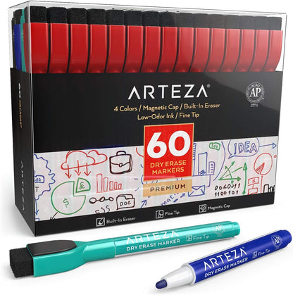 ARTEZA Black Dry Erase Markers with Erasers – Pack of 36 Magnetic Fine Tip Whiteboard Pens with Low-Odor Ink for Office & Home Use