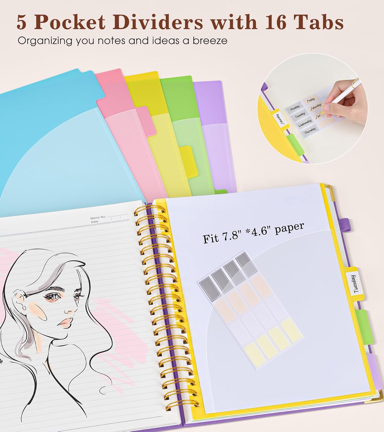 Hardcover Large Spiral Notebook 8.5" x 11" with Removable Dividers Tabs, 300 pages Leather 5 Subject Notebook College Ruled, A4 Journal for Women Men, Notebooks for Work School Note taking,Black