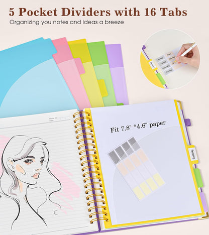Hardcover Large Spiral Notebook 8.5" x 11" with Removable Dividers Tabs, 300 pages Leather 5 Subject Notebook College Ruled, A4 Journal for Women Men, Notebooks for Work School Note taking,Black