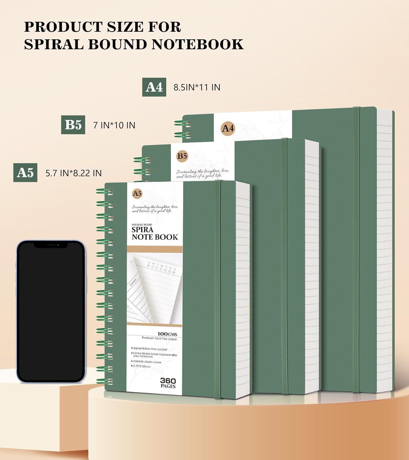 MUAHLIUB Spiral Notebook Journal College Ruled, 360 Pages Lined Thick Journals for Women Men, B5 Big Notebooks with 100GSM Paper, Spiral Bound Journaling for Writing Work School Black 7.6"×10"