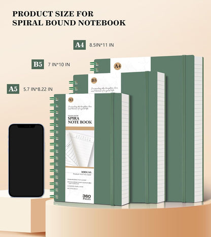MUAHLIUB Spiral Notebook Journal College Ruled, 360 Pages Lined Thick Journals for Women Men, B5 Big Notebooks with 100GSM Paper, Spiral Bound Journaling for Writing Work School Black 7.6"×10"