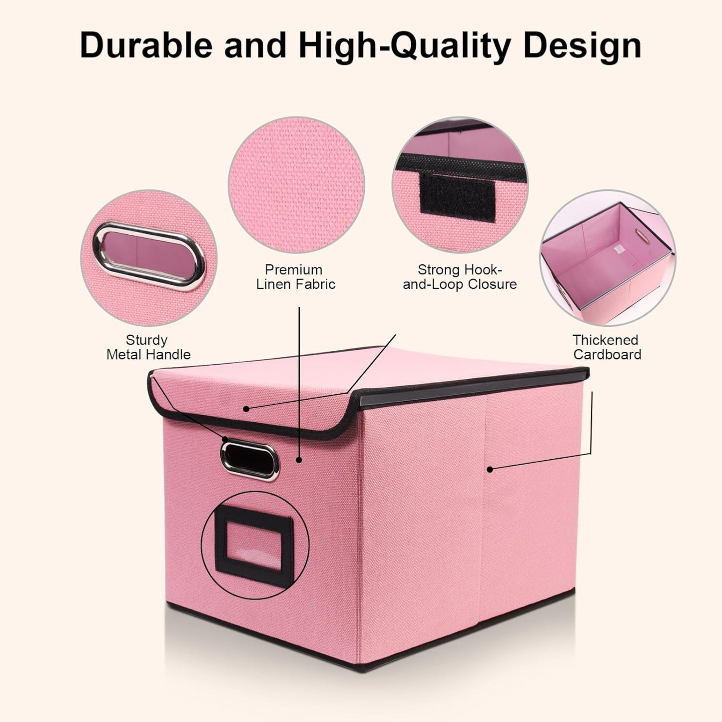 File Storage Box with Lid, 15.55x12.87x10.43 Inches, Foldable Organizer with Handles & Label Slot, for File Storage, Home, Office, and Closet Organization(Pink)