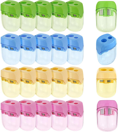 Colored Manual Pencil Sharpeners in Bulk, BOPART 24pcs Small Handheld Pencil Sharpener Dual Holes with Lid for Kids Adults at Classroom School Office Home (24Pcs Sharpeners - D)
