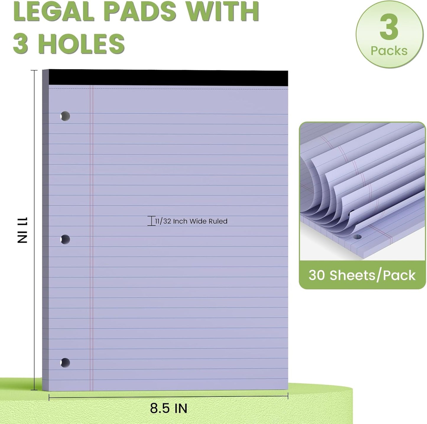 Legal Pads 8.5x11, White Notepads 8.5x11, Wide Ruled Lined with 3 Hole Punch, Loose Leaf Notebook Paper for 3 Ring Binders, 3 Pack, 30 Sheets/Pack, Perforate for School, Office, Home