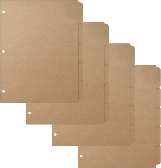 3 Ring Binder Dividers with 5-Tabs for Letter Size, 1/5 Cut, 3-Hole Punched, Blank Kraft Paper Index Dividers 8.5” x 11” for Extra Durable for College, Adults