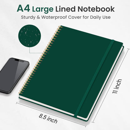 Taja Spiral Lined Notebook, 8.5"x11" Notebooks for Work, Large A4 Journal for Women & Men, College Ruled Journaling Notebook for Writing, Plastic Cover Spiral Journal, Green