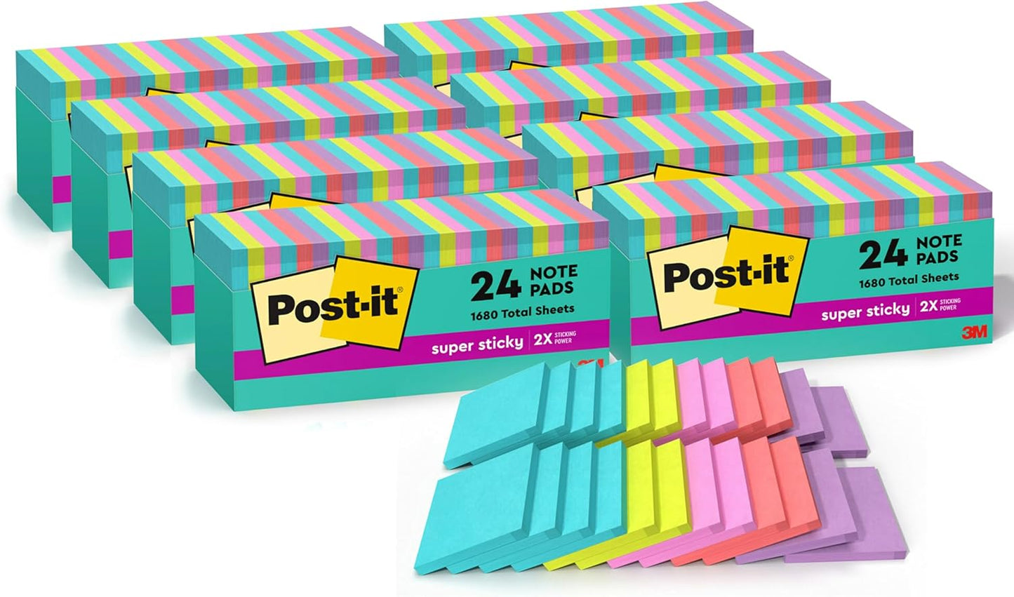 Post-it Super Sticky Notes, 24 Sticky Note Pads, 3 x 3 in., School Supplies, Office Products, 2X the Sticking Power, Supernova Neons Collection