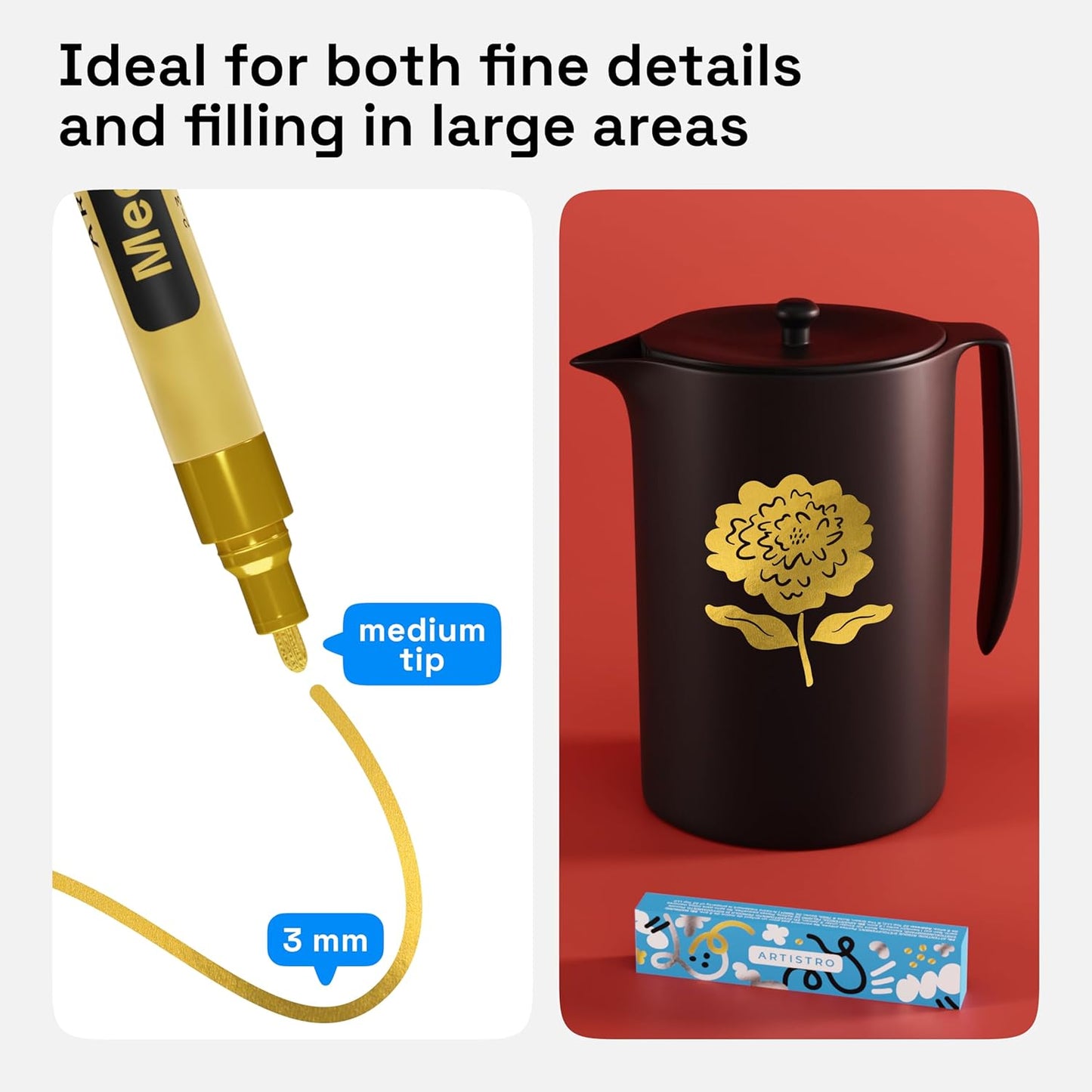 ARTISTRO 2 Gold Acrylic Paint Markers - 0.7mm Extra Fine-Tip Metallic Paint Pens - Perfect for Crafting, Art Projects, & More
