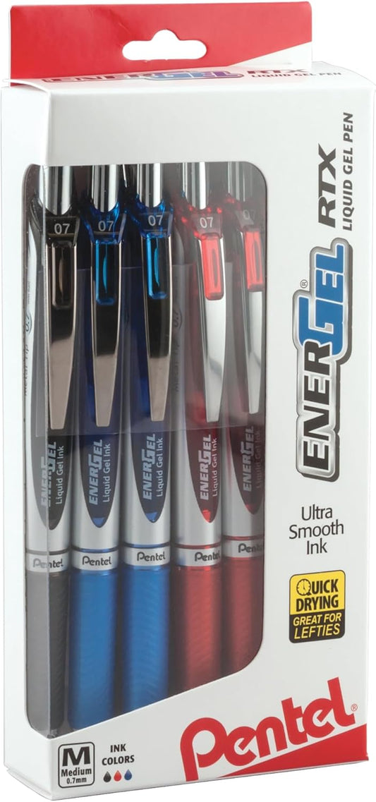 Pentel EnerGel RTX RT Liquid Gel Pen, Med, Metal Tip, (0.7mm), Blue Ink, Box of 12 (BL77PC12C1)
