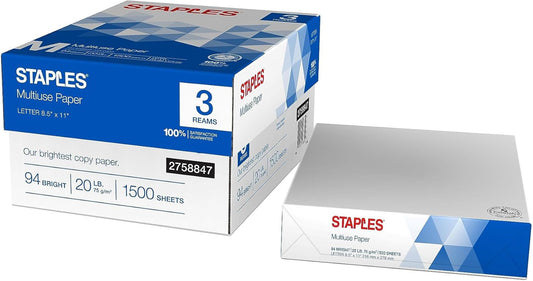 Staples Multipurpose Copy Printer Paper, 20 lb, 8.5 x 11 Inches, 10 Reams, 94 Bright, White