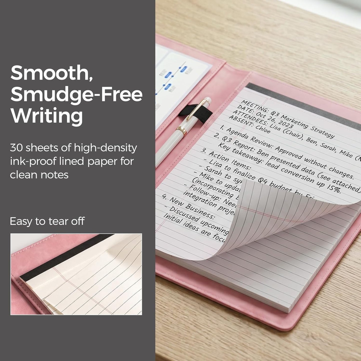 Koogel Padfolio Portfolio Folder, Leather Clipboard Portfolio Binder 13x10 inch Legal Writing Pad for Document Organizer Business Notepad Clip Boards for Women Office School Conference Meeting, Pink