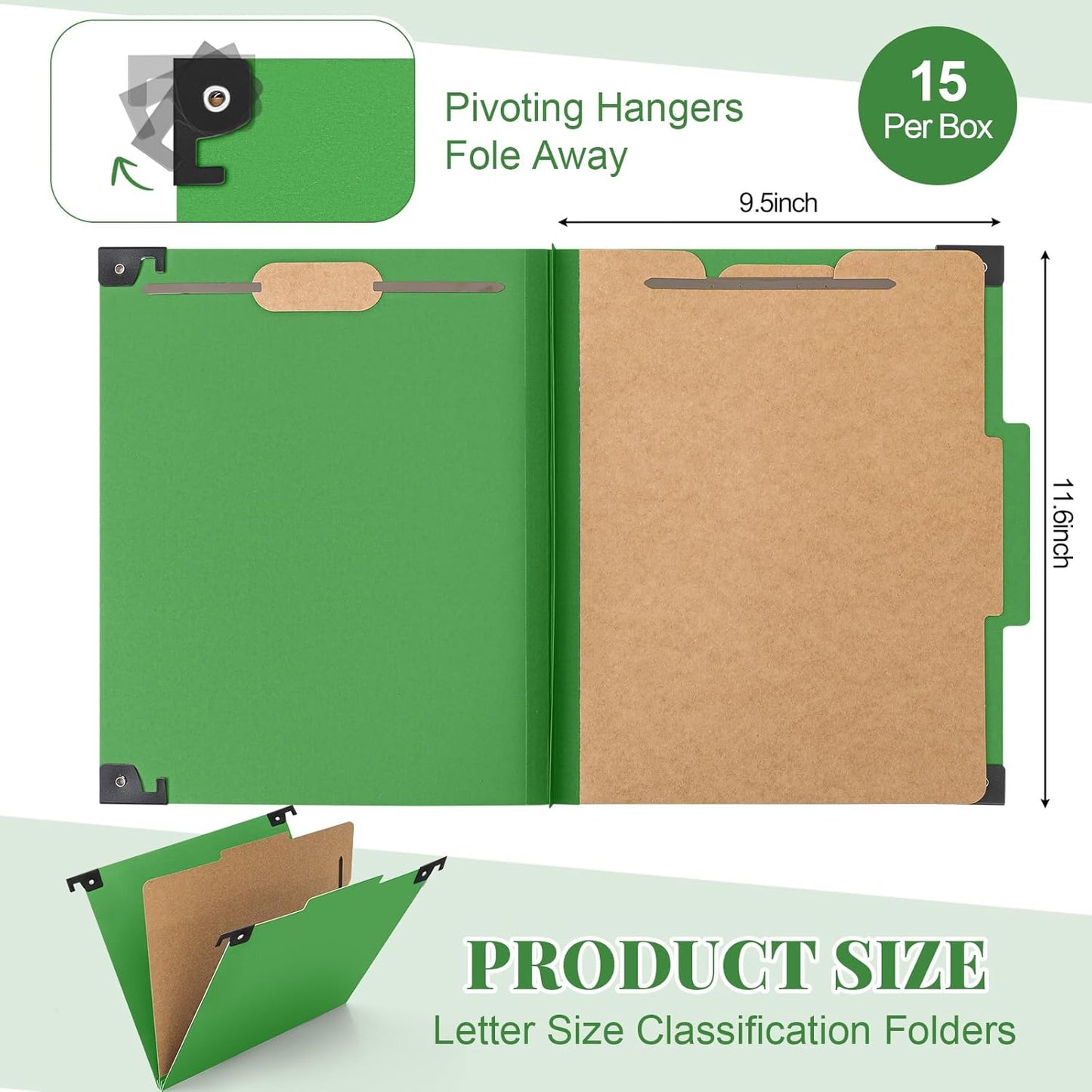 Henoyso 10 Pcs Hanging Classification Folders Bulk with 2 Prongs, 1 Divider Letter Size, 2 Inch Expansions Pressboard File Folder, 1/3-cut Tab File Organizer (1 Divider,Green)
