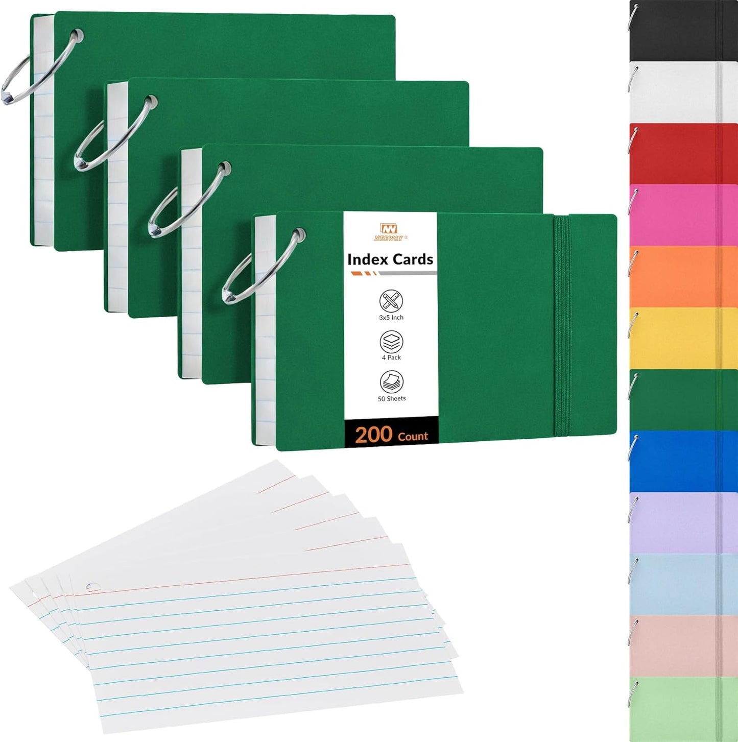NEEWAY Ruled Index Cards with Ring 3x5 Inches, 200 Count Note Cards Lined, Flash Cards with Rings for Studying, Home and Office (Black)